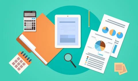 Workplace Desk Top Angle View Tablet Computer With Paper Documents Reports Stock Illustration