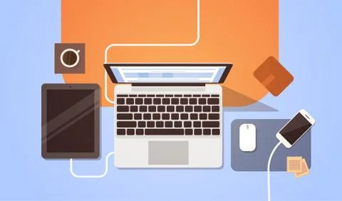 Workplace Desk Top Angle View Laptop And Tablet Computer Stock Illustration