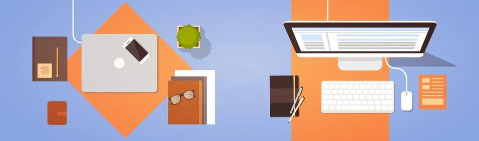 Workplace Desk Top Angle View Laptop And Desktop Computer Stock Illustration