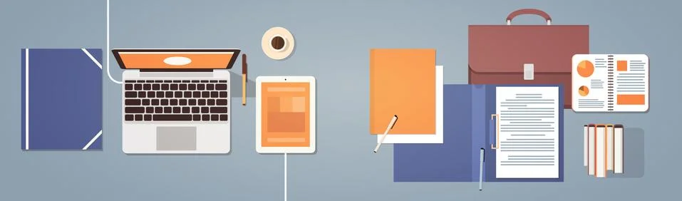 Workplace Desk Top Angle View Laptop And Tablet Computer Stock Illustration