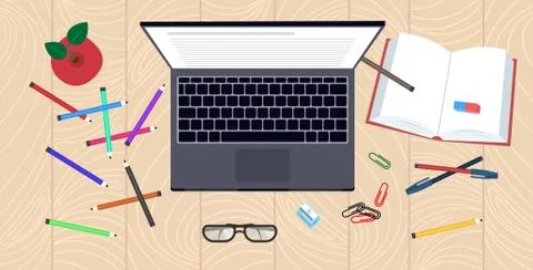 Workplace desk top angle view laptop book and office supplies knowledge 스톡 일러스트