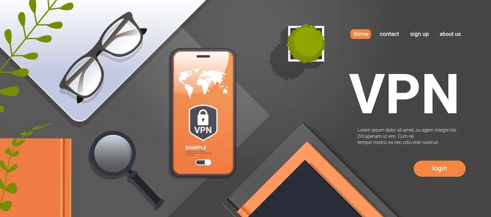 Workplace desk top angle view smartphone with virtual private network cyber Illustrazione stock