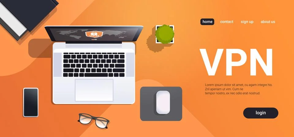 Workplace desk top angle view laptop with virtual private network cyber web Illustrazione stock