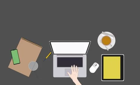 Workplace Desk Top Angle View Tablet Laptop Computer With Paper Documents Rep Stock Illustration