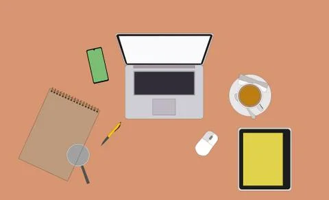 Workplace Desk Top Angle View Tablet Laptop Computer With Paper Documents Rep Stock Illustration