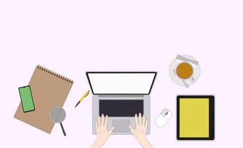 Workplace Desk Top Angle View Tablet Laptop Computer With Paper Documents Rep Stock Illustration