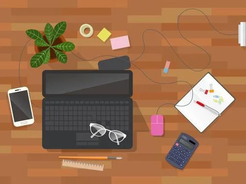 Workplace desk vector top view Workplace desk vector top view. Mess worksp... Stock Photos