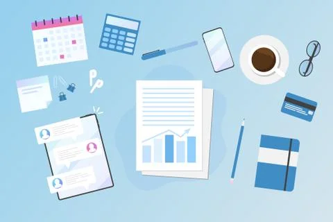 Workplace desktop background. Top view on desk with office objects - paper Stock Illustration