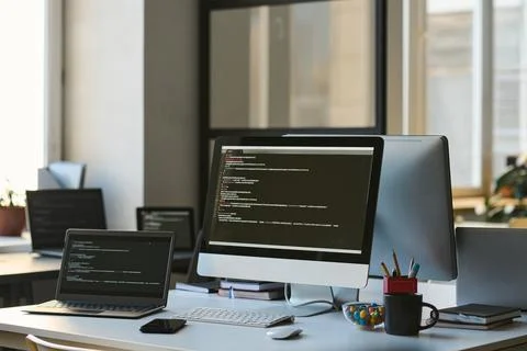 Workplace of developer with computer Stock Photos