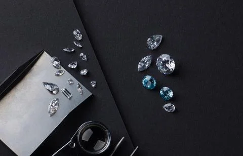 Workplace of diamond expert in the process of evaluating diamonds, top view Stock Photos