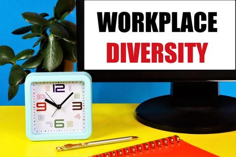 Workplace diversity. Text label on the PC monitor screen. Stock Photos