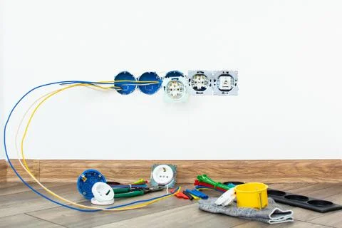 Workplace electrician. the process of installing sockets in the apartment 스톡 사진