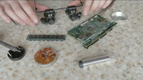 Workplace Of Electronics Maintenance Engineer In Workshop Video stock 129077270