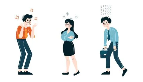Workplace Emotions set. Professionals experiencing stress, contemplation, and Illustrazione stock