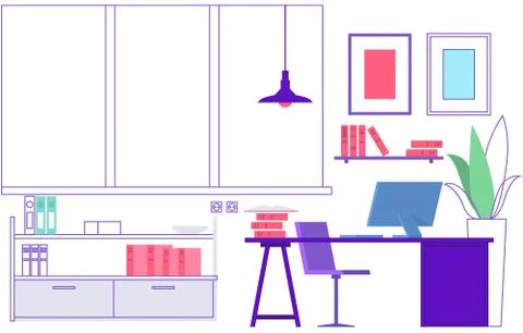 Workplace. Empty modern office interior. Vacant place, learning classroom or Illustrazione stock