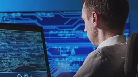 Workplace of an engineer developing a microchip. Professional coder works on Stock Footage 306948297