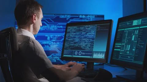 Workplace of an engineer developing a microchip. Professional coder works on Stockfoto's