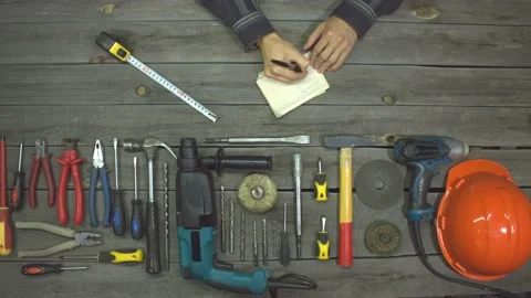 The workplace of an engineer. Slow motion. Top view. Stockbeeldmateriaal 121872632