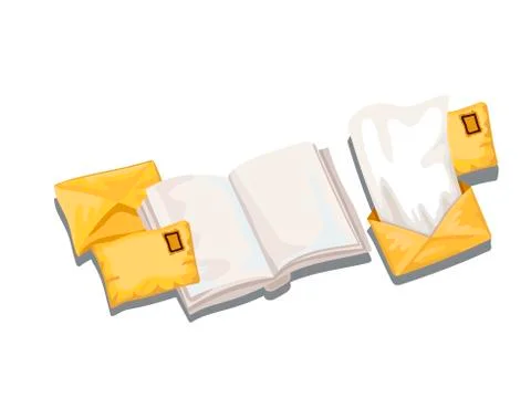 Workplace, envelopes and mail on a table, open letters and parcels with the book Illustrazione stock