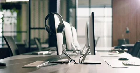 Workplace, equipment and computer with headset in call center agency for virtual Stock Footage 343231300