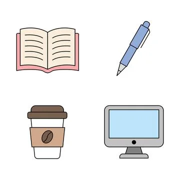 Workplace Essentials Flat Icon Set: Open Book, Pen, Coffee Cup, and Computer. Illustrazione stock