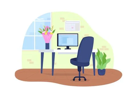 Workplace with flowers in vase 2D vector web banner, poster 스톡 일러스트