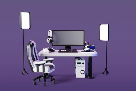Workplace of game streamer 3d render. Room interior with computer on table イラスト素材