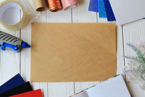 Workplace for handcraft creative work with felt and tools Stock Photos