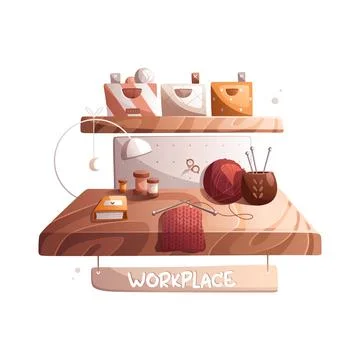 The workplace of a handmaker who is fond of knitting. Table, balls of wool la Stock Illustration