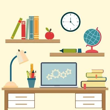 Workplace with high school object and college education items Stock Illustration
