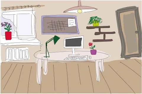 Workplace at home with computer and window イラスト素材