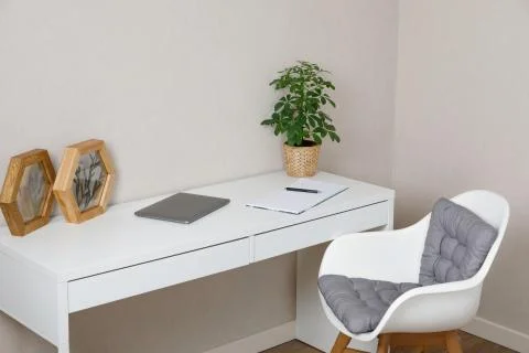 Workplace in the home office. blank notebook, laptop Stock Photos