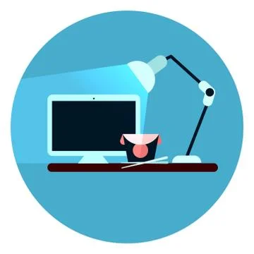 Workplace Icon Desktop Computer On Desk Web Button On Round Blue Background 스톡 일러스트