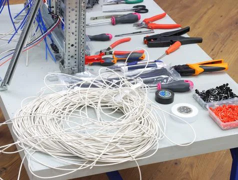 Workplace for the installation of electrical panels. Stock Photos