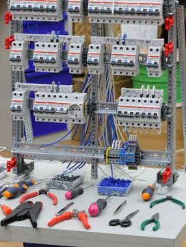Workplace for the installation of electrical panels. Stock Photos