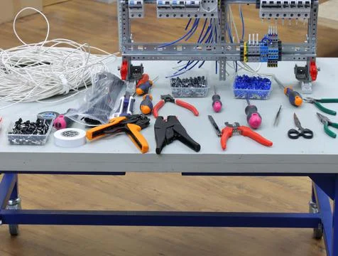 Workplace for the installation of electrical panels. Stock Photos