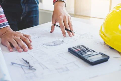 Workplace items tools for project, Architect or Engineer working on blueprint Stock-Fotos