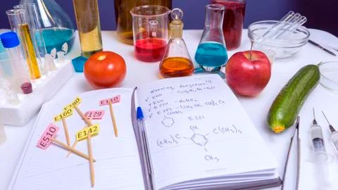 Workplace lab assistant top view. Food safety laboratory procedure, analysing Stock Photos