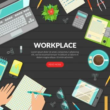 Workplace Landing Page Template, Top View of Desk with Laptop, Folder with Stock Illustration