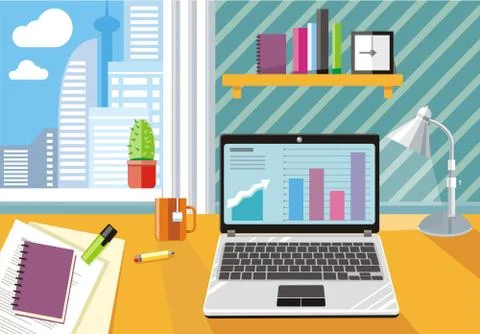 Workplace with laptop and documents Stock Illustration