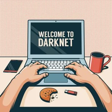 Workplace with a laptop and hands on it is a first-person view Stock Illustration