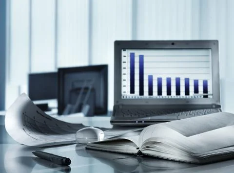 Workplace with laptop computer against  window background Stock Photos