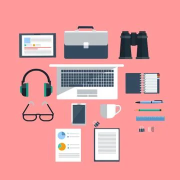 Workplace with laptop on pink background Stock Illustration