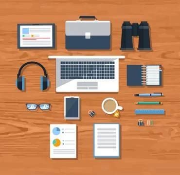 Workplace with laptop on pink background Stock Illustration