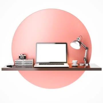 Workplace with laptop on shelf in red circle Иллюстрация