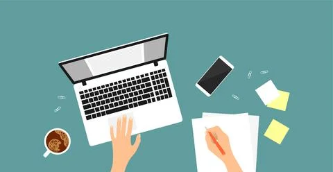 Workplace with a laptop, a smartphone, notes, a cup of coffee Stock Illustration