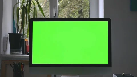 Workplace at loft room with personal computer green screen and chroma key work Stock Footage 116334336