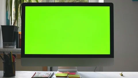 Workplace at loft room with personal computer green screen and chroma key work Stock Footage 116334630