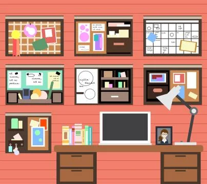 Workplace of man with the computer, lamp, books and many details. Vector Ilustración de archivo
