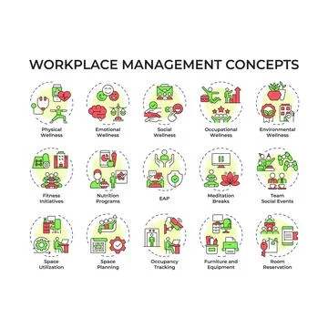 Workplace management flat linear concept icon pack Illustrazione stock